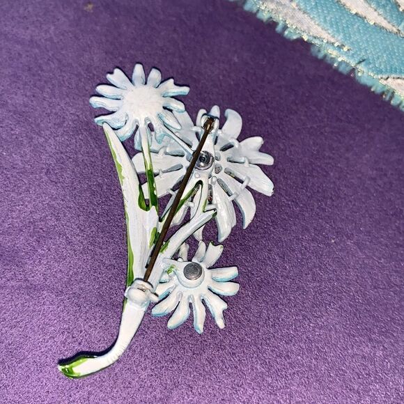 Vintage blue metallic enamel floral brooch pin- mid century - Picture 6 of 8